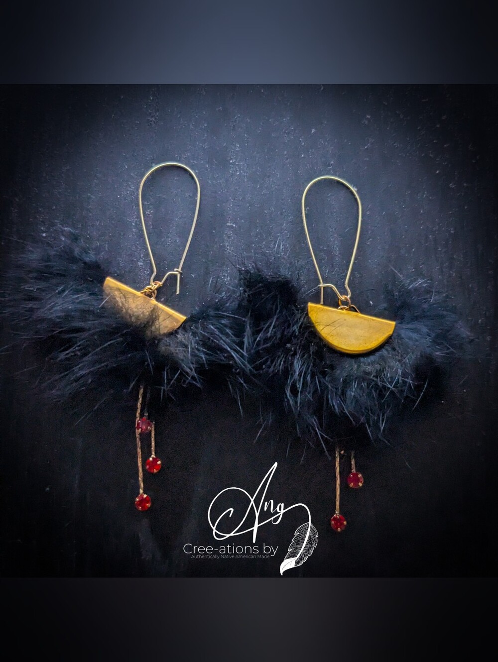 Elegant Native American Black Fur Red Rhinestone Gold Drop Statement Earrings